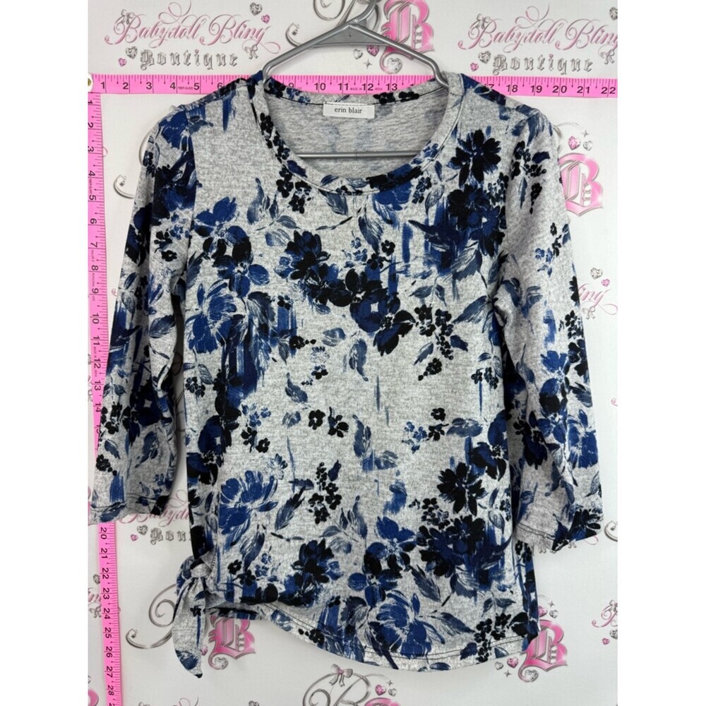 Erin Blair shirt tie up ribbon detail flowers  Blue Floral Crewneck Top